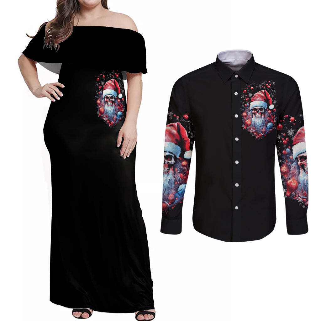 Skull Santa Claus Couples Matching Off Shoulder Maxi Dress and Long Sleeve Button Shirt Santa Claus Is Coming To Town - Wonder Print Shop