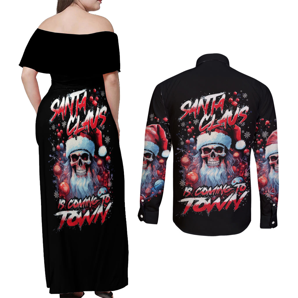 Skull Santa Claus Couples Matching Off Shoulder Maxi Dress and Long Sleeve Button Shirt Santa Claus Is Coming To Town - Wonder Print Shop