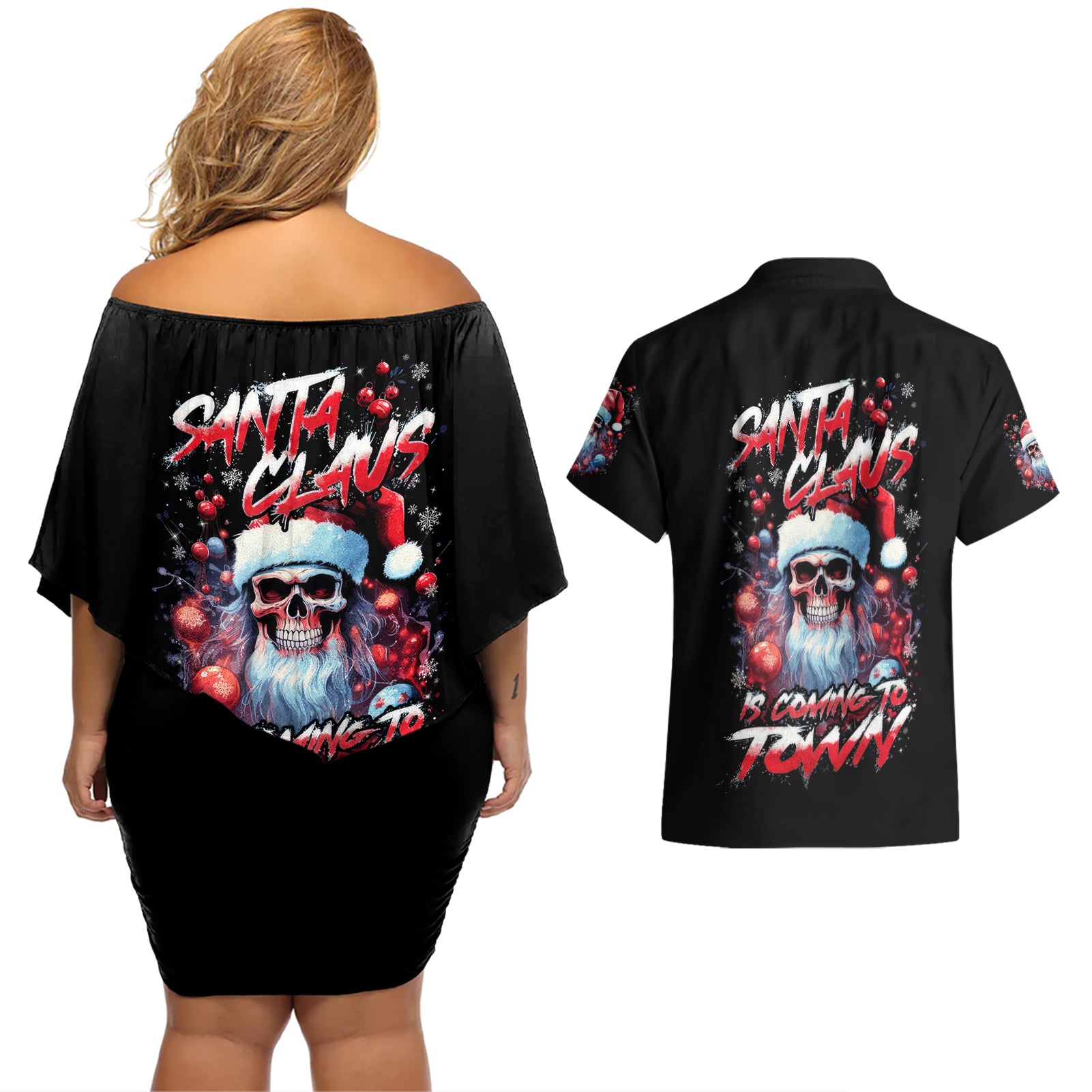 Skull Santa Claus Couples Matching Off Shoulder Short Dress and Hawaiian Shirt Santa Claus Is Coming To Town - Wonder Print Shop