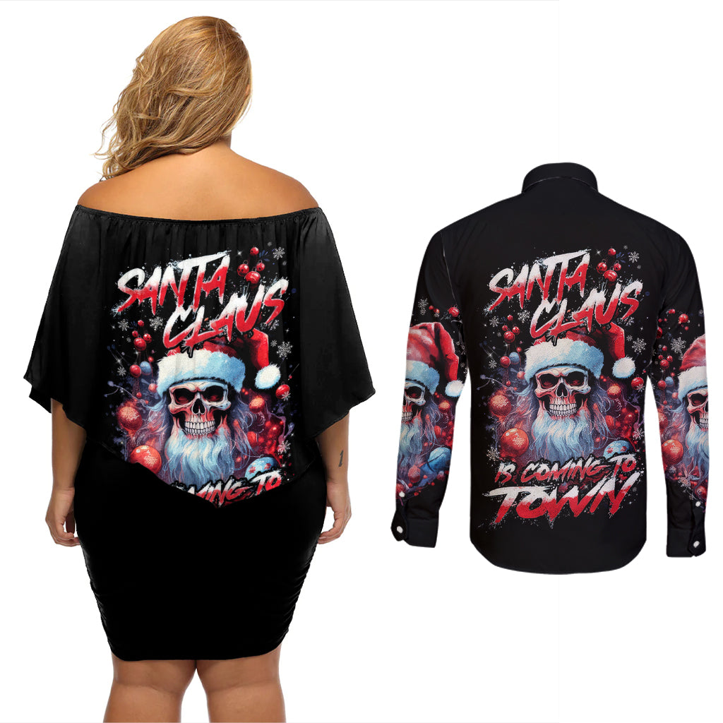 Skull Santa Claus Couples Matching Off Shoulder Short Dress and Long Sleeve Button Shirt Santa Claus Is Coming To Town - Wonder Print Shop