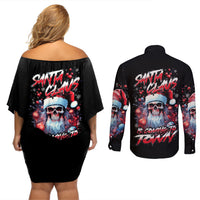 Skull Santa Claus Couples Matching Off Shoulder Short Dress and Long Sleeve Button Shirt Santa Claus Is Coming To Town - Wonder Print Shop