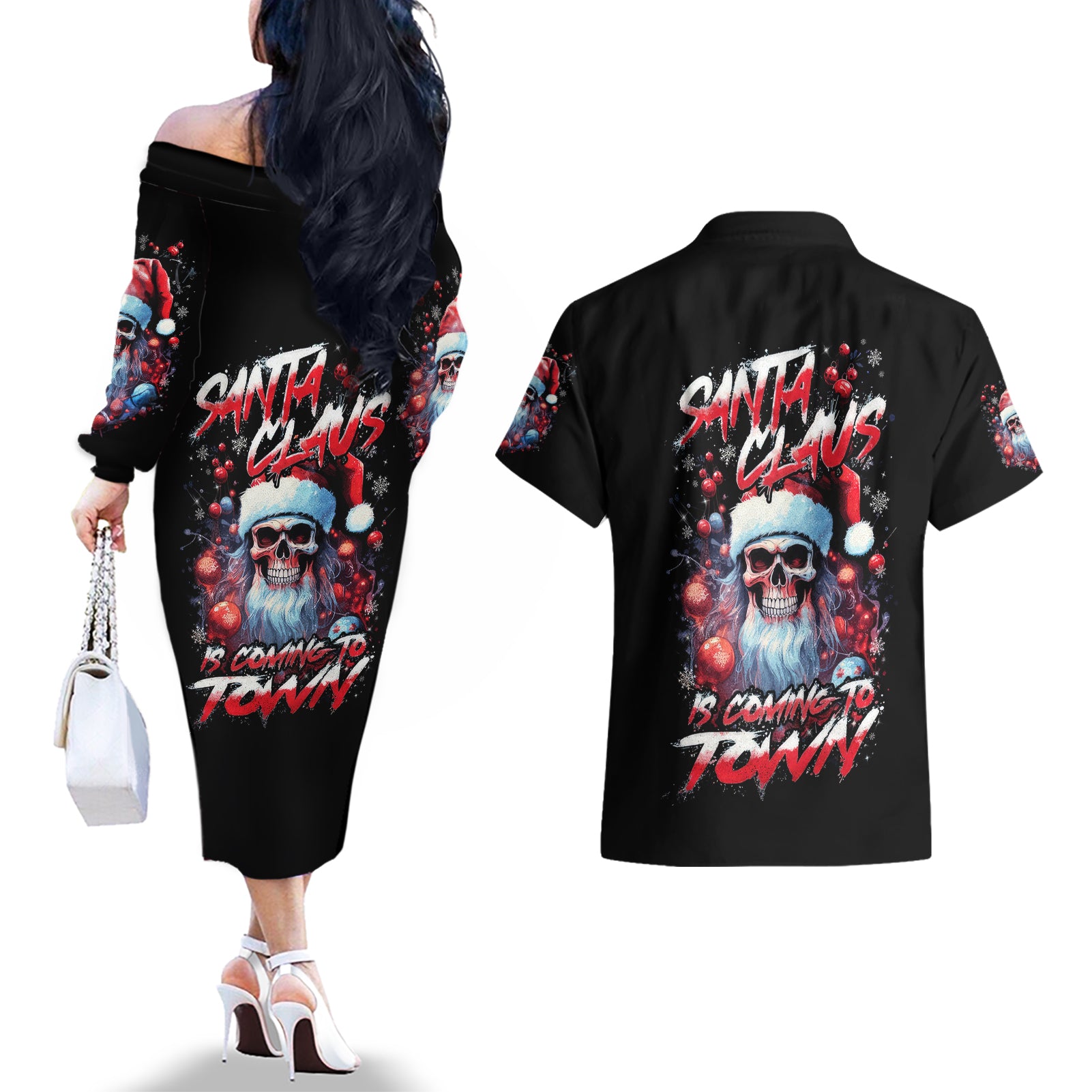 Skull Santa Claus Couples Matching Off The Shoulder Long Sleeve Dress and Hawaiian Shirt Santa Claus Is Coming To Town - Wonder Print Shop