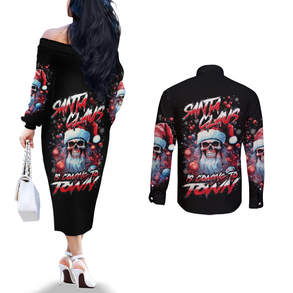skull-santa-claus-couples-matching-off-the-shoulder-long-sleeve-dress-and-long-sleeve-button-shirt-santa-claus-is-coming-to-town