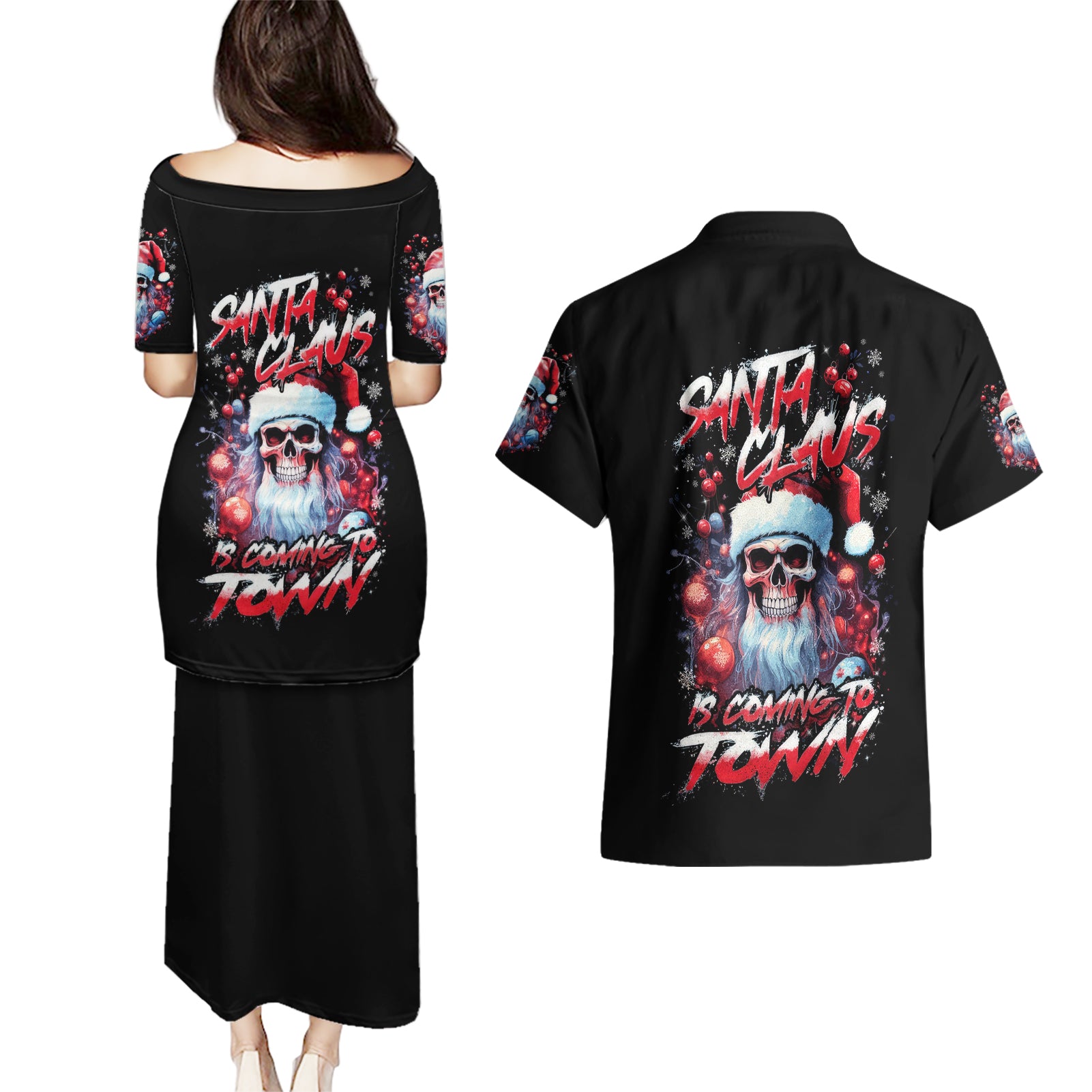 Skull Santa Claus Couples Matching Puletasi Dress and Hawaiian Shirt Santa Claus Is Coming To Town - Wonder Print Shop