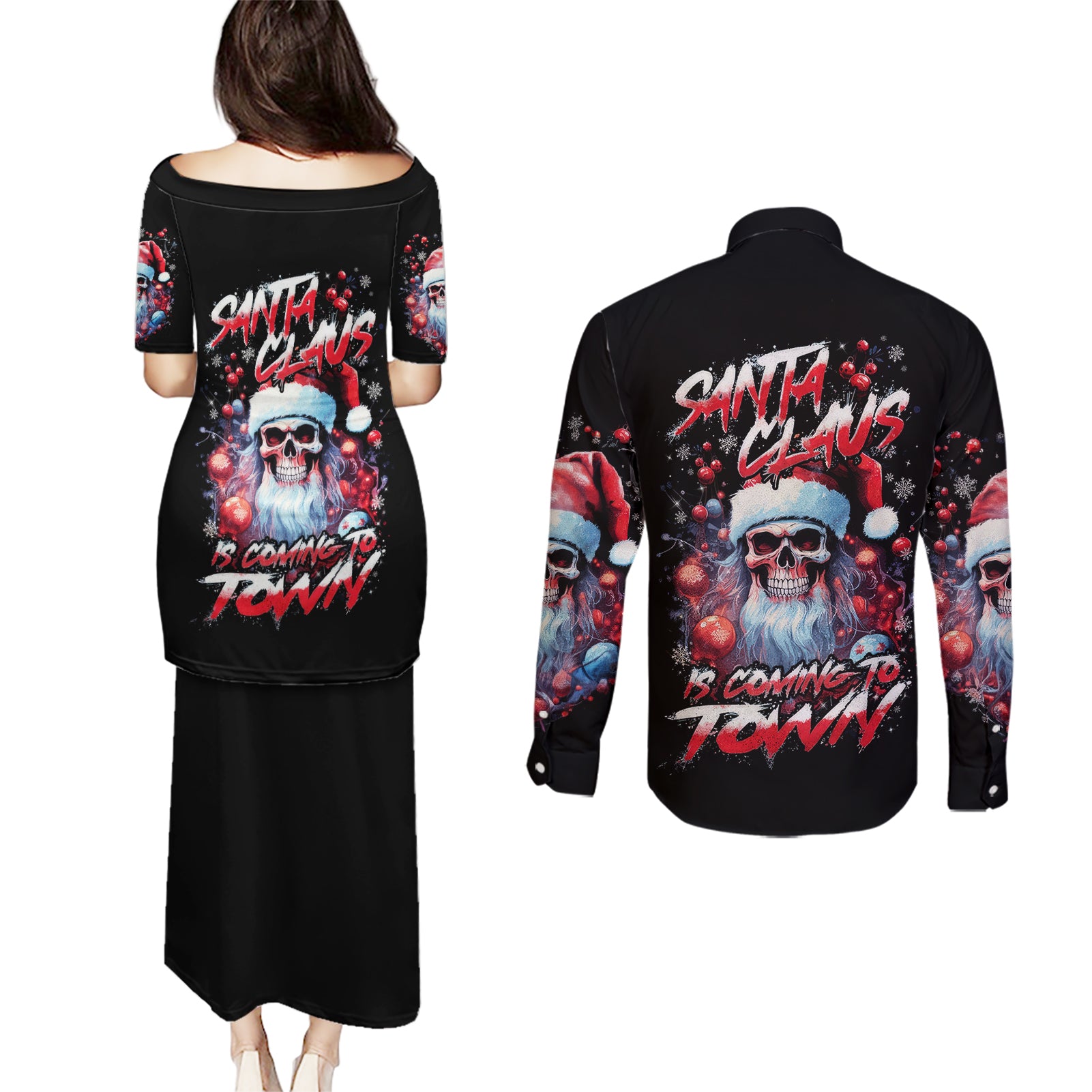 Skull Santa Claus Couples Matching Puletasi Dress and Long Sleeve Button Shirt Santa Claus Is Coming To Town - Wonder Print Shop