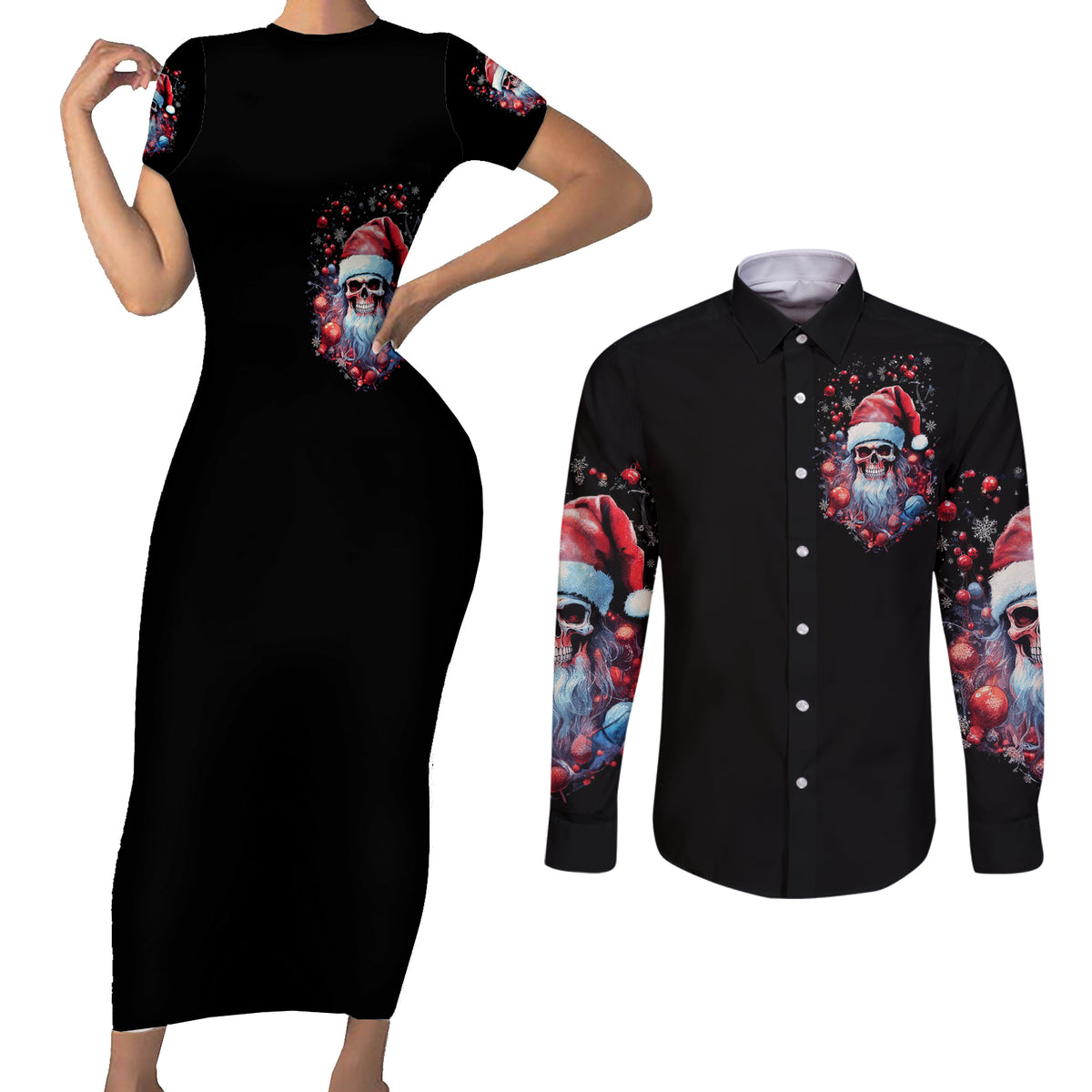 Skull Santa Claus Couples Matching Short Sleeve Bodycon Dress and Long Sleeve Button Shirt Santa Claus Is Coming To Town - Wonder Print Shop