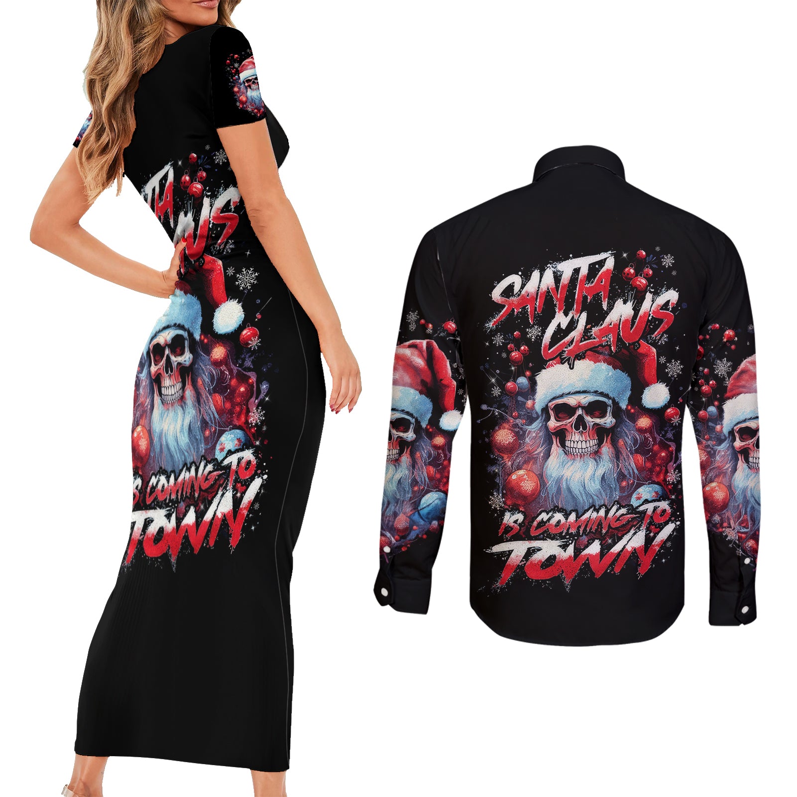 Skull Santa Claus Couples Matching Short Sleeve Bodycon Dress and Long Sleeve Button Shirt Santa Claus Is Coming To Town - Wonder Print Shop