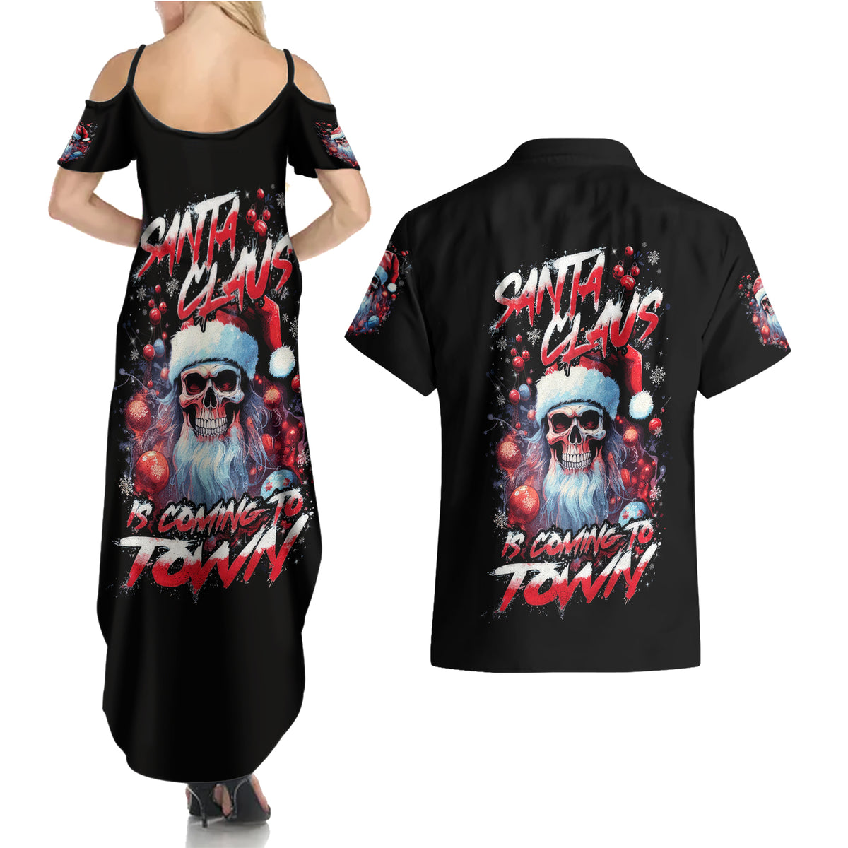 Skull Santa Claus Couples Matching Summer Maxi Dress and Hawaiian Shirt Santa Claus Is Coming To Town - Wonder Print Shop