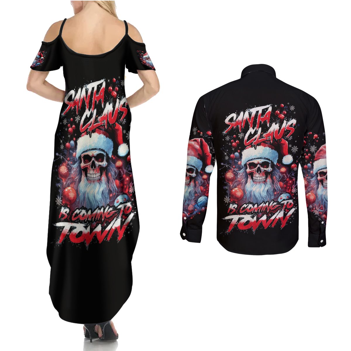 Skull Santa Claus Couples Matching Summer Maxi Dress and Long Sleeve Button Shirt Santa Claus Is Coming To Town - Wonder Print Shop