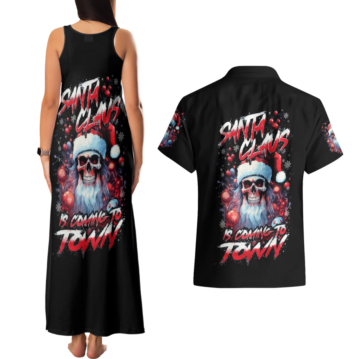 Skull Santa Claus Couples Matching Tank Maxi Dress and Hawaiian Shirt Santa Claus Is Coming To Town - Wonder Print Shop