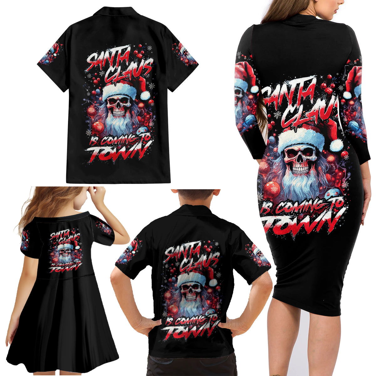 Skull Santa Claus Family Matching Long Sleeve Bodycon Dress and Hawaiian Shirt Santa Claus Is Coming To Town - Wonder Print Shop