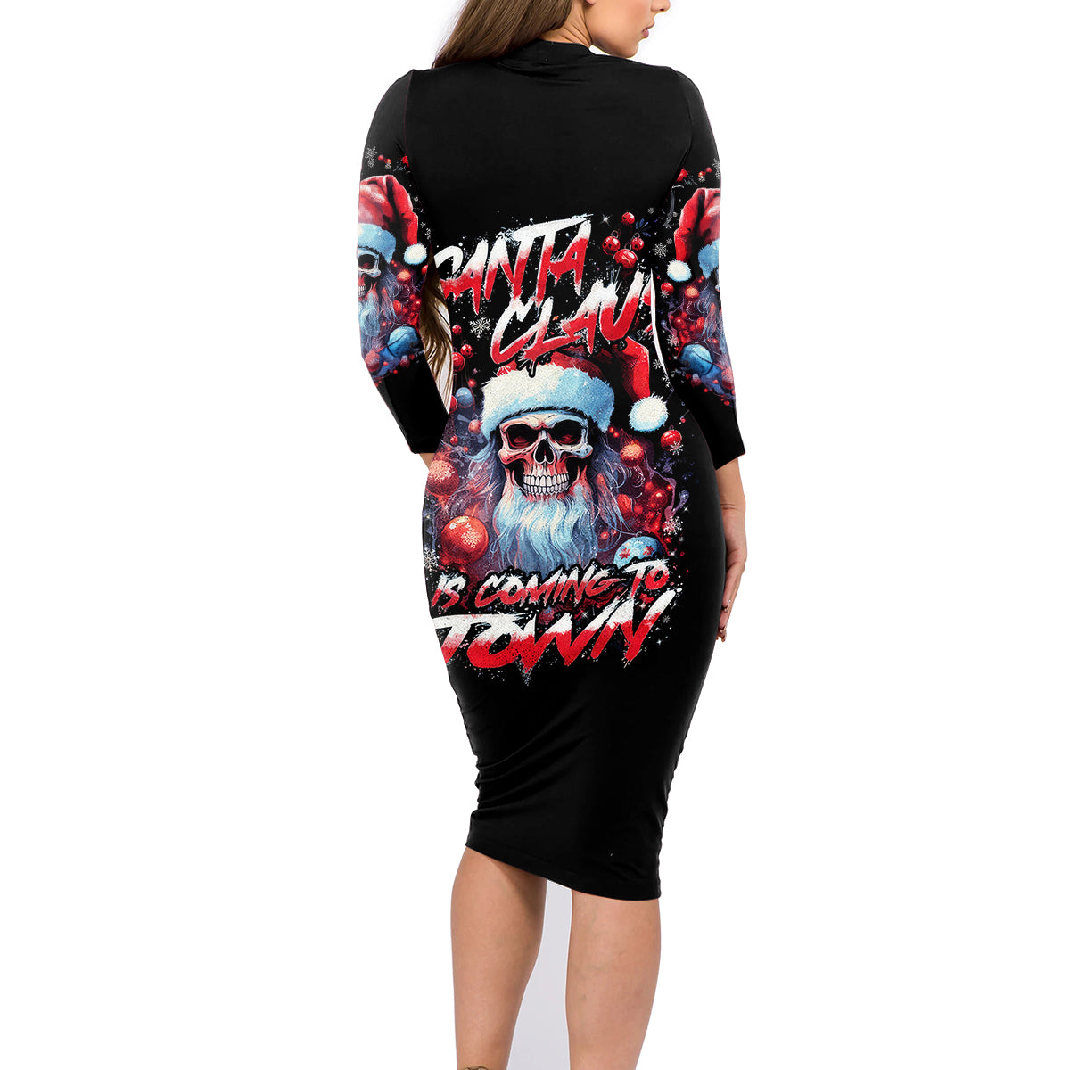 Skull Santa Claus Family Matching Long Sleeve Bodycon Dress and Hawaiian Shirt Santa Claus Is Coming To Town - Wonder Print Shop