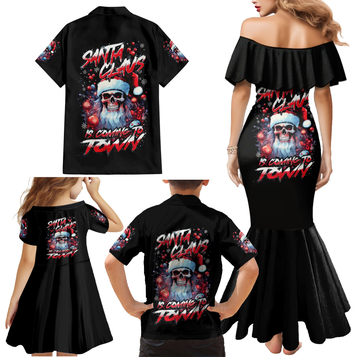 Skull Santa Claus Family Matching Mermaid Dress and Hawaiian Shirt Santa Claus Is Coming To Town - Wonder Print Shop