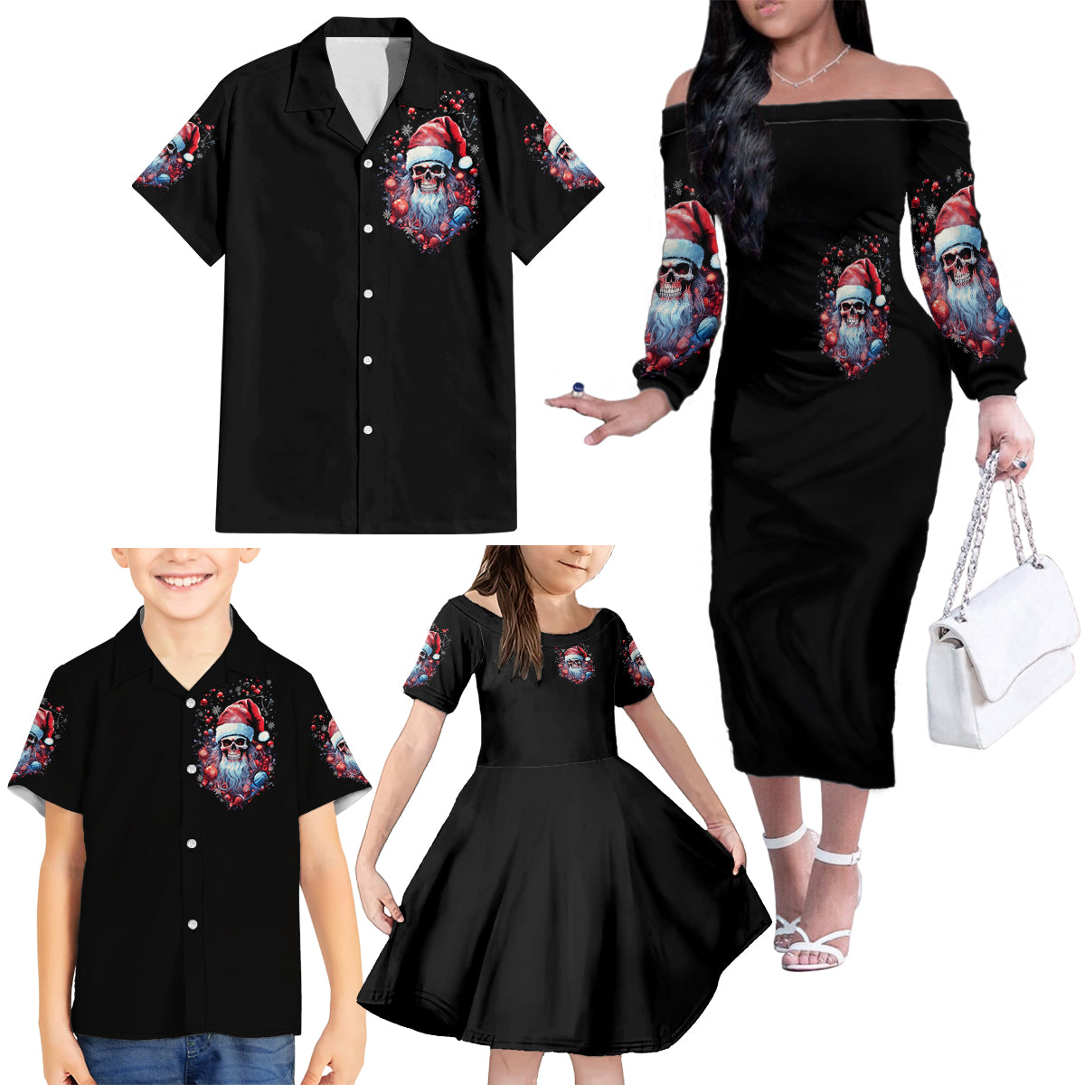Skull Santa Claus Family Matching Off Shoulder Long Sleeve Dress and Hawaiian Shirt Santa Claus Is Coming To Town - Wonder Print Shop