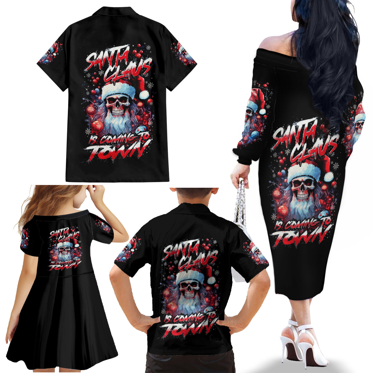 Skull Santa Claus Family Matching Off Shoulder Long Sleeve Dress and Hawaiian Shirt Santa Claus Is Coming To Town - Wonder Print Shop
