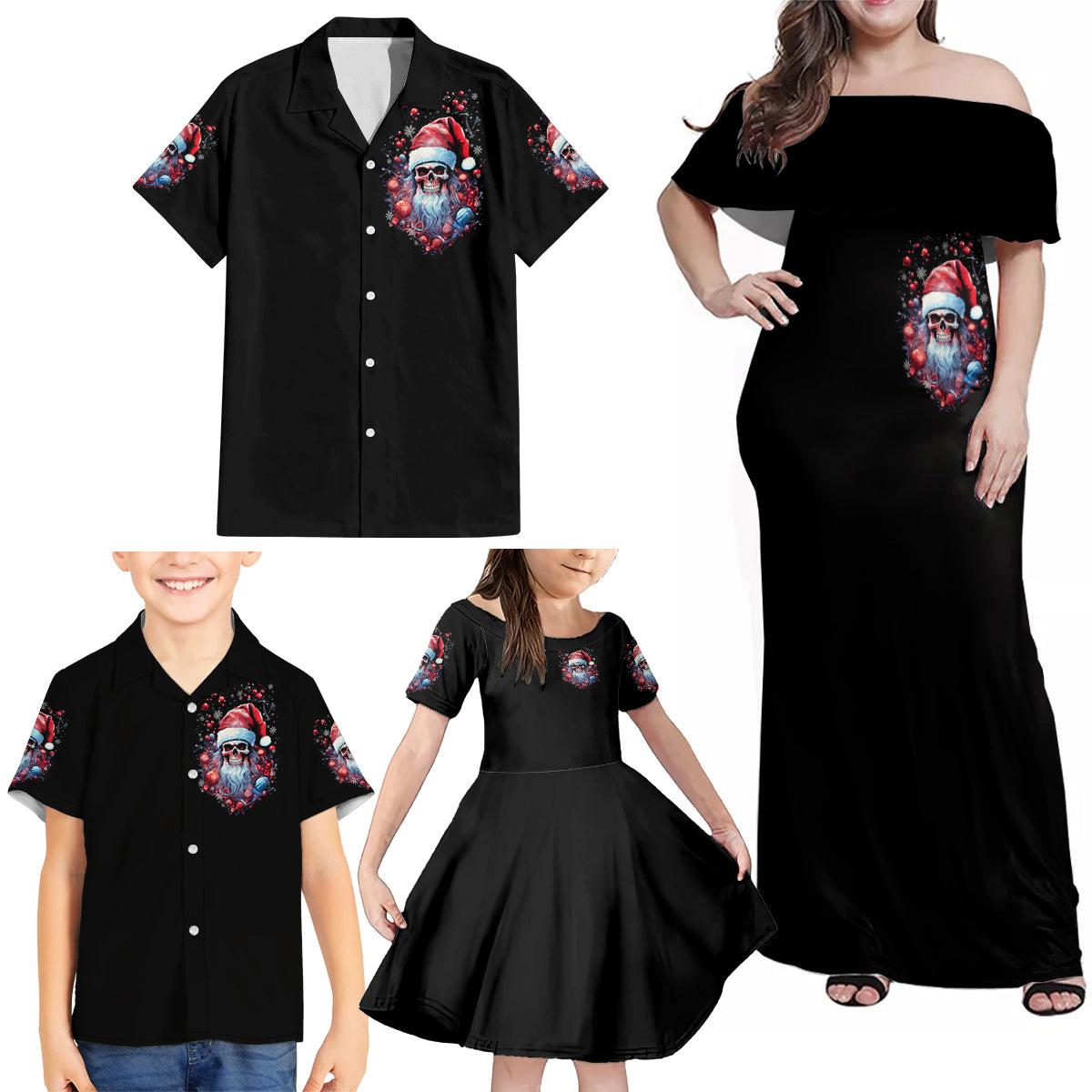 Skull Santa Claus Family Matching Off Shoulder Maxi Dress and Hawaiian Shirt Santa Claus Is Coming To Town - Wonder Print Shop