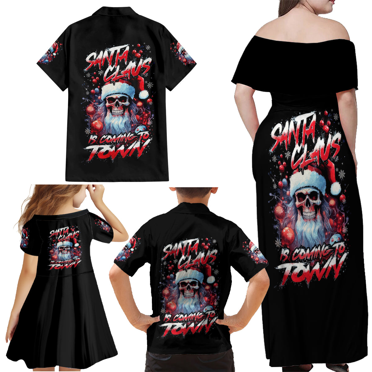 Skull Santa Claus Family Matching Off Shoulder Maxi Dress and Hawaiian Shirt Santa Claus Is Coming To Town - Wonder Print Shop