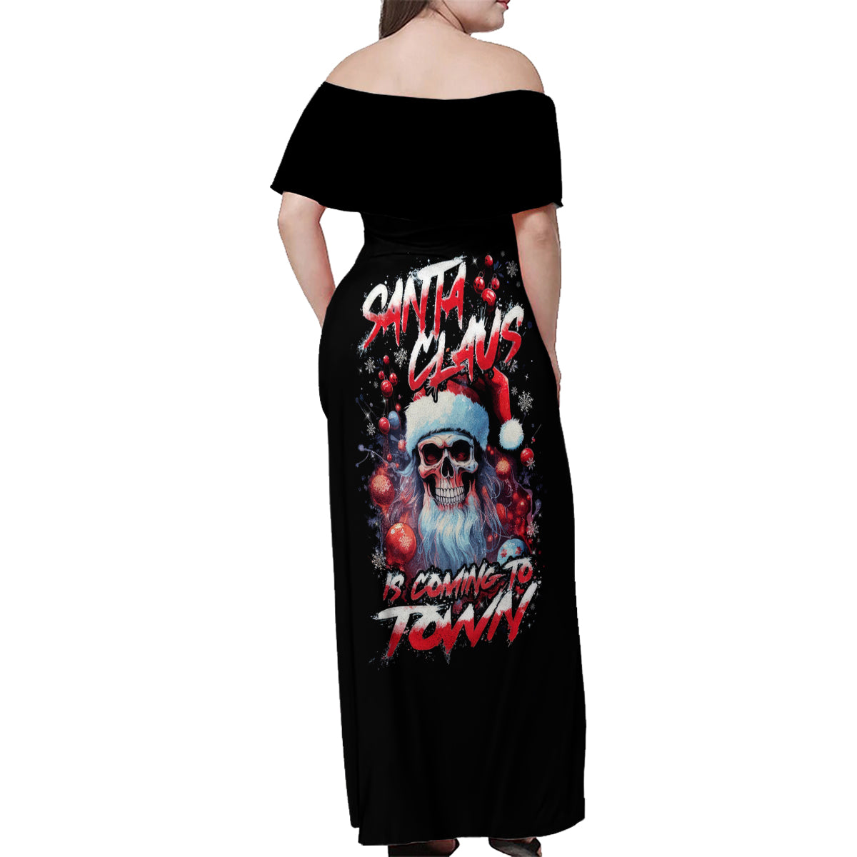 Skull Santa Claus Family Matching Off Shoulder Maxi Dress and Hawaiian Shirt Santa Claus Is Coming To Town - Wonder Print Shop