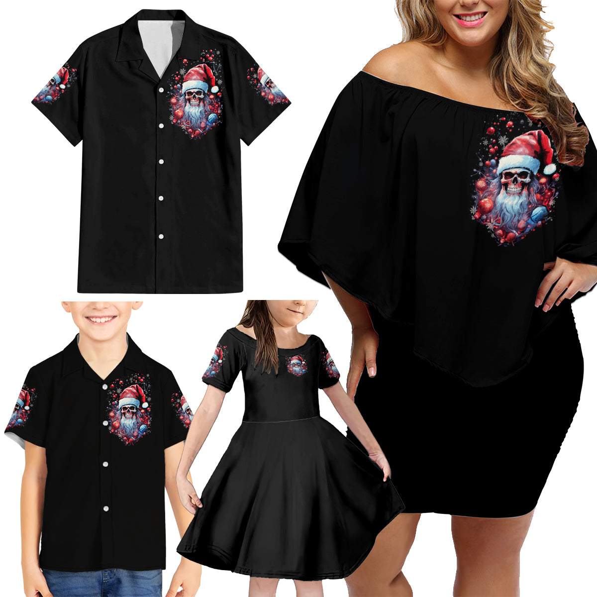 Skull Santa Claus Family Matching Off Shoulder Short Dress and Hawaiian Shirt Santa Claus Is Coming To Town - Wonder Print Shop