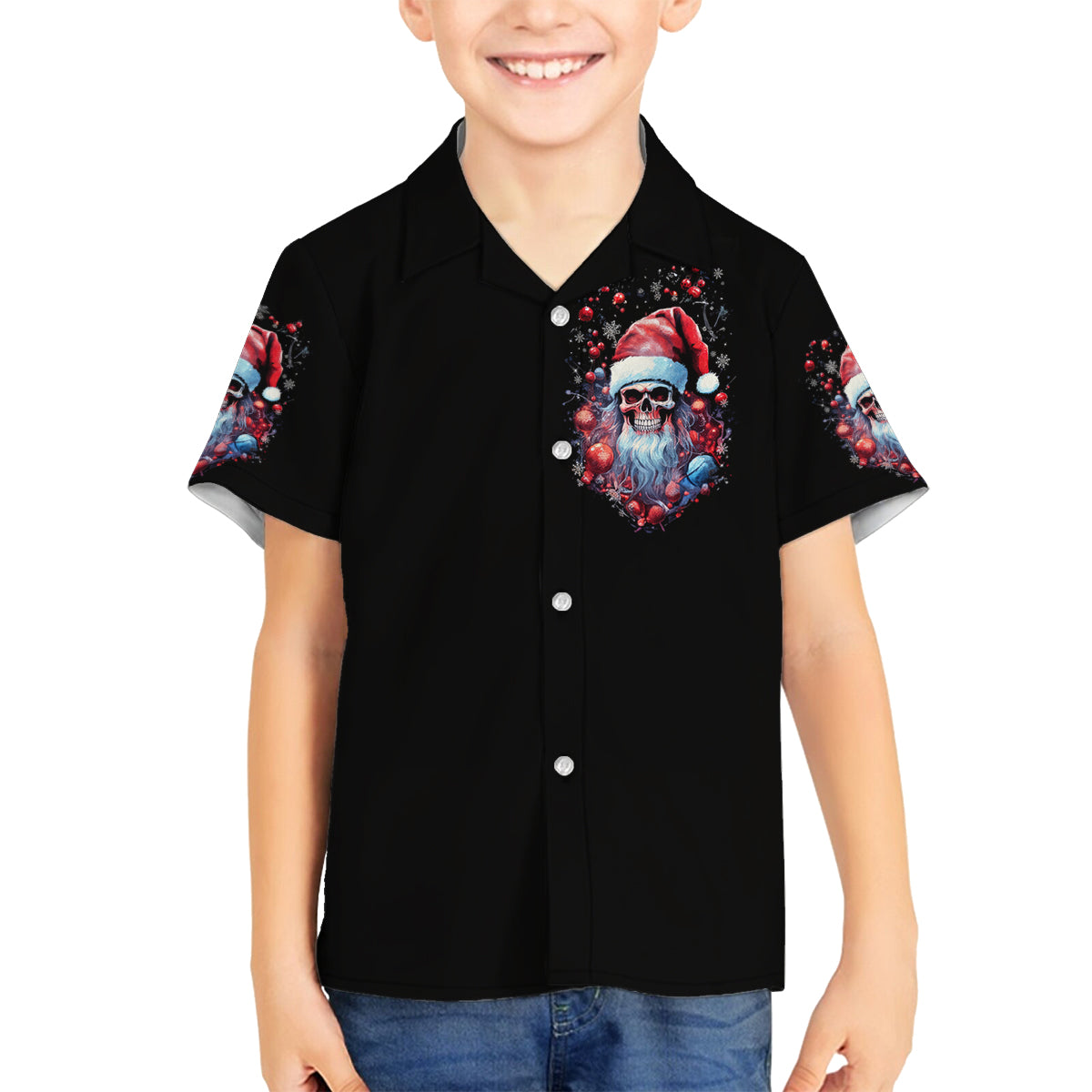 Skull Santa Claus Family Matching Off Shoulder Short Dress and Hawaiian Shirt Santa Claus Is Coming To Town - Wonder Print Shop