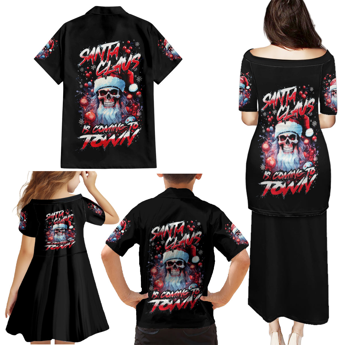 Skull Santa Claus Family Matching Puletasi Dress and Hawaiian Shirt Santa Claus Is Coming To Town - Wonder Print Shop