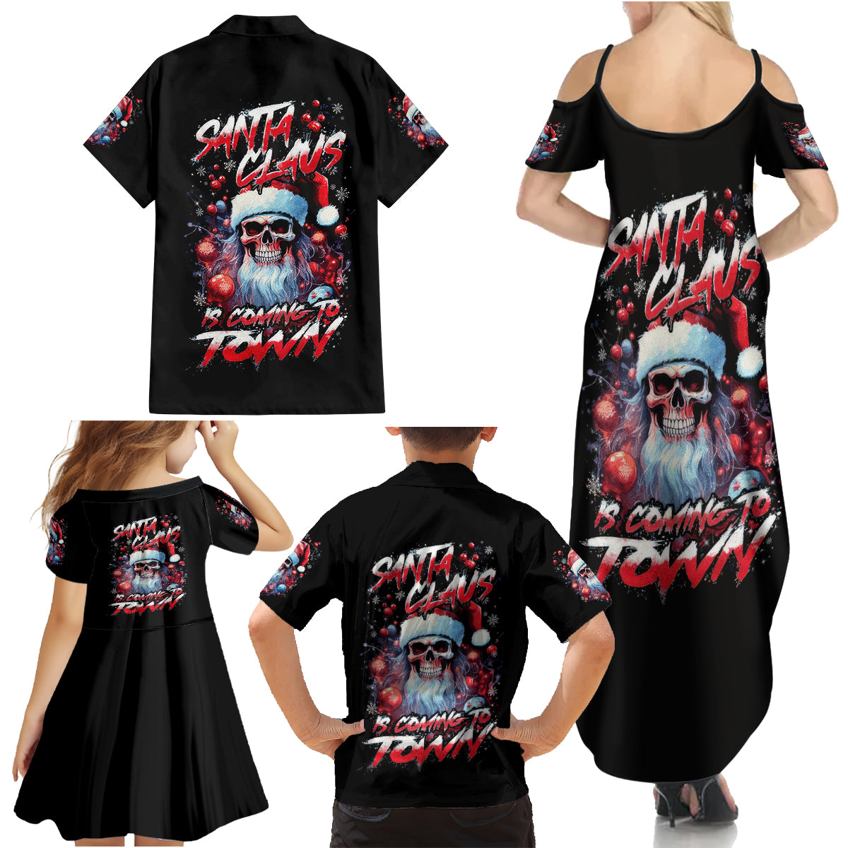 Skull Santa Claus Family Matching Summer Maxi Dress and Hawaiian Shirt Santa Claus Is Coming To Town - Wonder Print Shop
