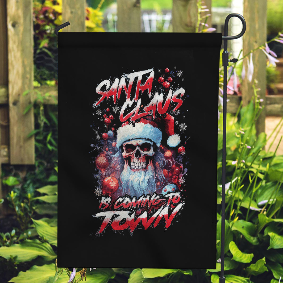 Skull Santa Claus Garden Flag Santa Claus Is Coming To Town - Wonder Print Shop