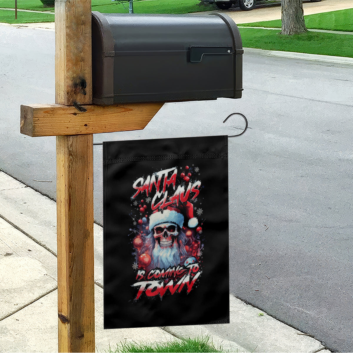 Skull Santa Claus Garden Flag Santa Claus Is Coming To Town - Wonder Print Shop