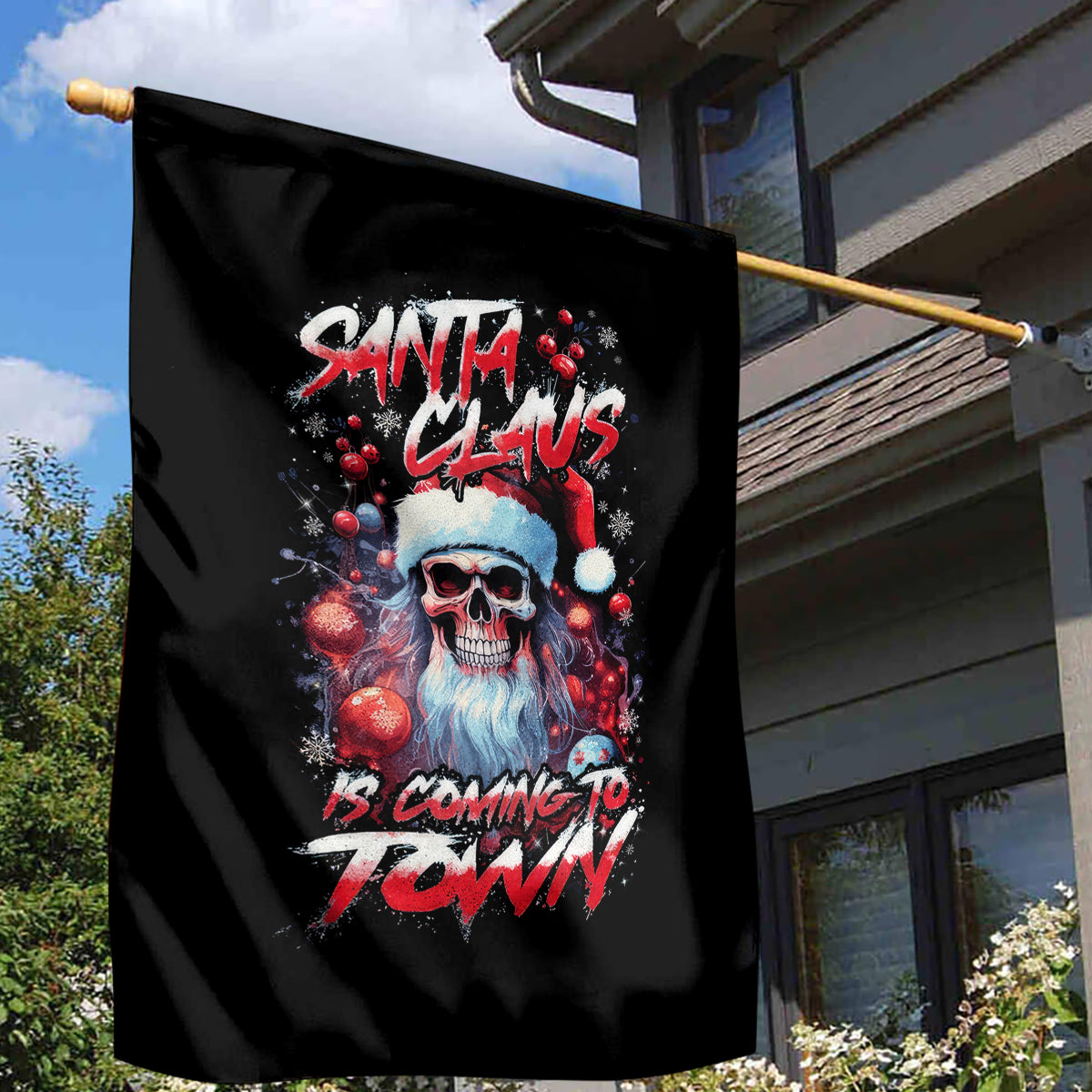 Skull Santa Claus Garden Flag Santa Claus Is Coming To Town - Wonder Print Shop