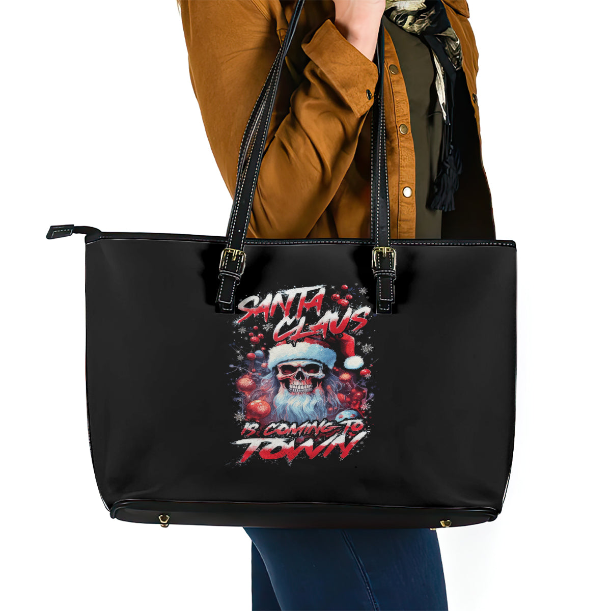 Skull Santa Claus Leather Tote Bag Santa Claus Is Coming To Town - Wonder Print Shop