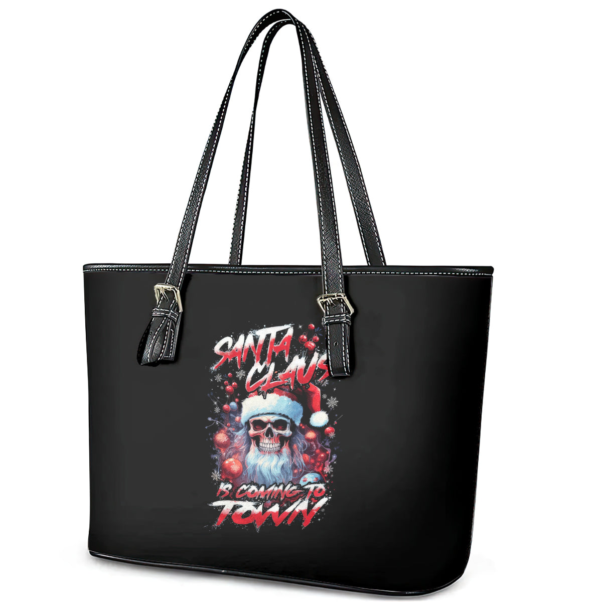 Skull Santa Claus Leather Tote Bag Santa Claus Is Coming To Town - Wonder Print Shop