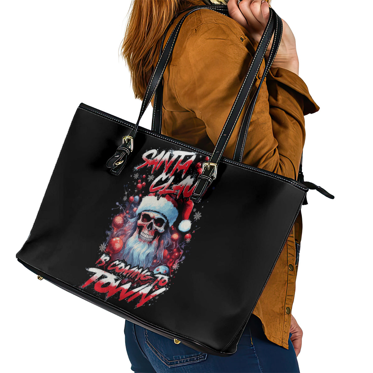 Skull Santa Claus Leather Tote Bag Santa Claus Is Coming To Town - Wonder Print Shop