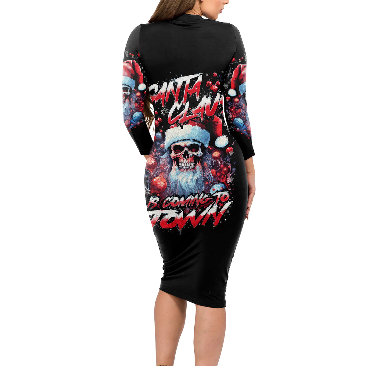 Skull Santa Claus Long Sleeve Bodycon Dress Santa Claus Is Coming To Town - Wonder Print Shop