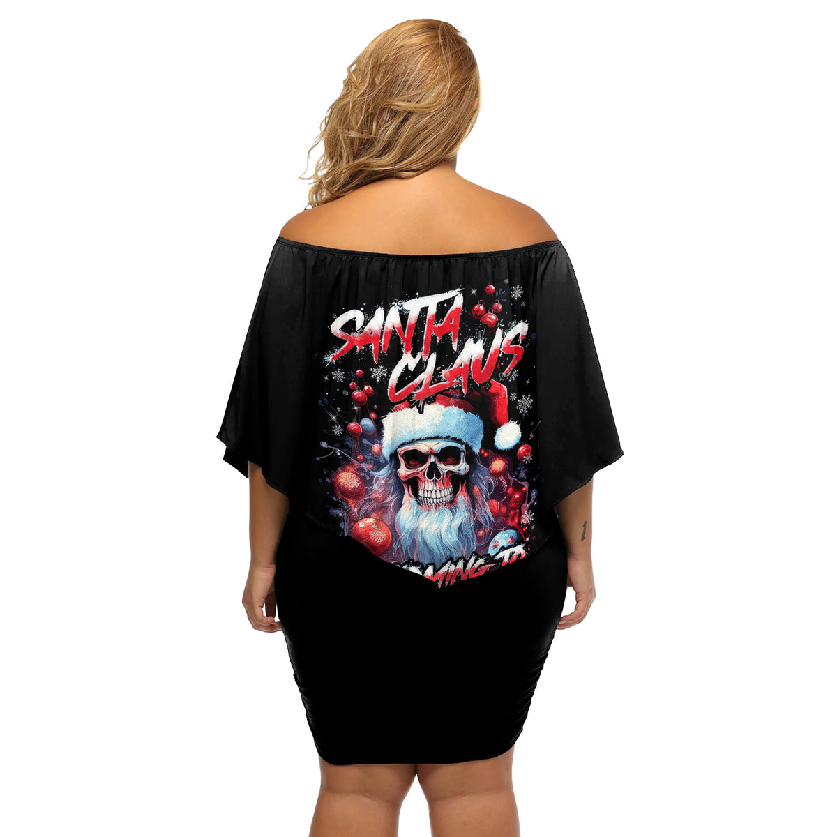 Skull Santa Claus Off Shoulder Short Dress Santa Claus Is Coming To Town - Wonder Print Shop