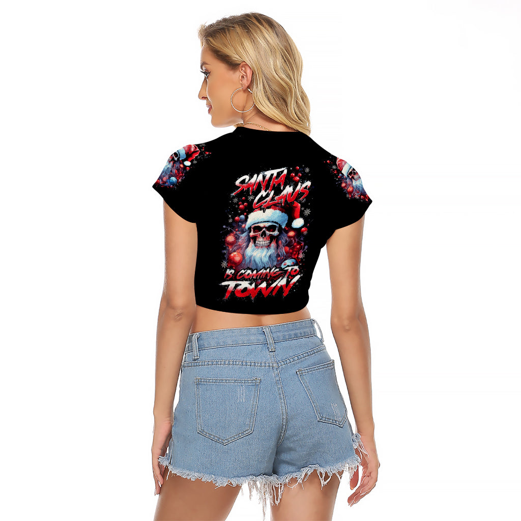 Skull Santa Claus Raglan Cropped T Shirt Santa Claus Is Coming To Town - Wonder Print Shop