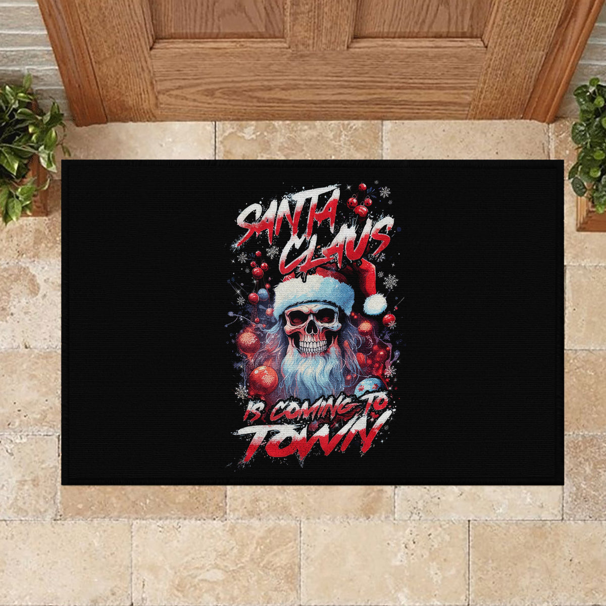 Skull Santa Claus Rubber Doormat Santa Claus Is Coming To Town - Wonder Print Shop