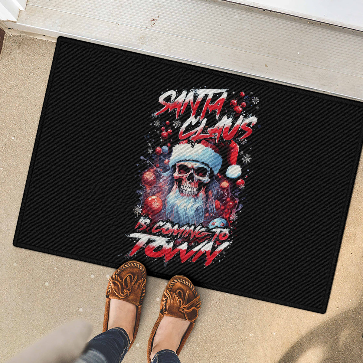 Skull Santa Claus Rubber Doormat Santa Claus Is Coming To Town - Wonder Print Shop