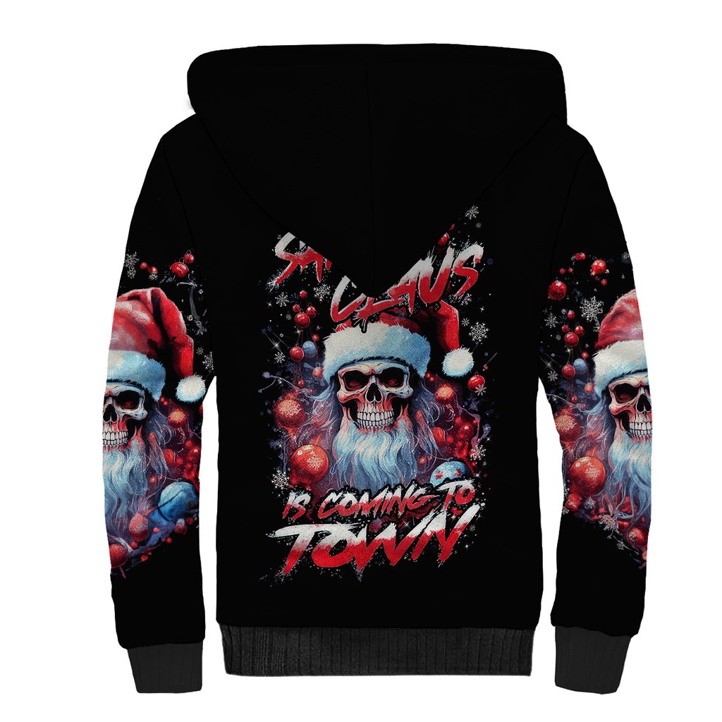 Skull Santa Claus Sherpa Hoodie Santa Claus Is Coming To Town - Wonder Print Shop