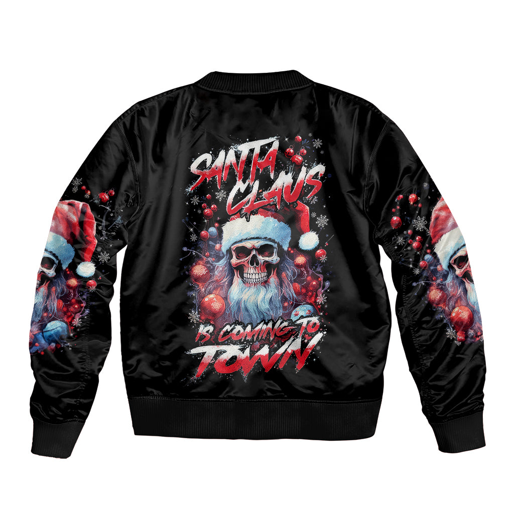 Skull Santa Claus Sleeve Zip Bomber Jacket Santa Claus Is Coming To Town - Wonder Print Shop