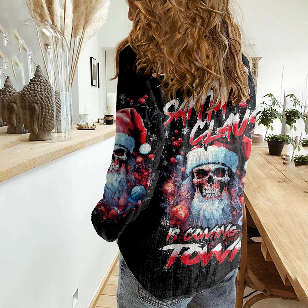 Skull Santa Claus Women Casual Shirt Santa Claus Is Coming To Town - Wonder Print Shop