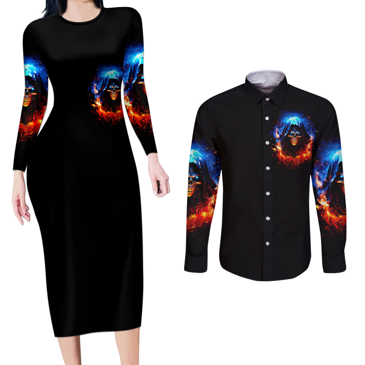 Flame Skull Couples Matching Long Sleeve Bodycon Dress and Long Sleeve Button Shirt When I Was Born The Devil Said Competition - Wonder Print Shop