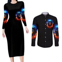 Flame Skull Couples Matching Long Sleeve Bodycon Dress and Long Sleeve Button Shirt When I Was Born The Devil Said Competition - Wonder Print Shop
