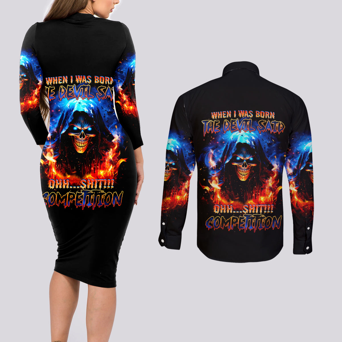 Flame Skull Couples Matching Long Sleeve Bodycon Dress and Long Sleeve Button Shirt When I Was Born The Devil Said Competition - Wonder Print Shop