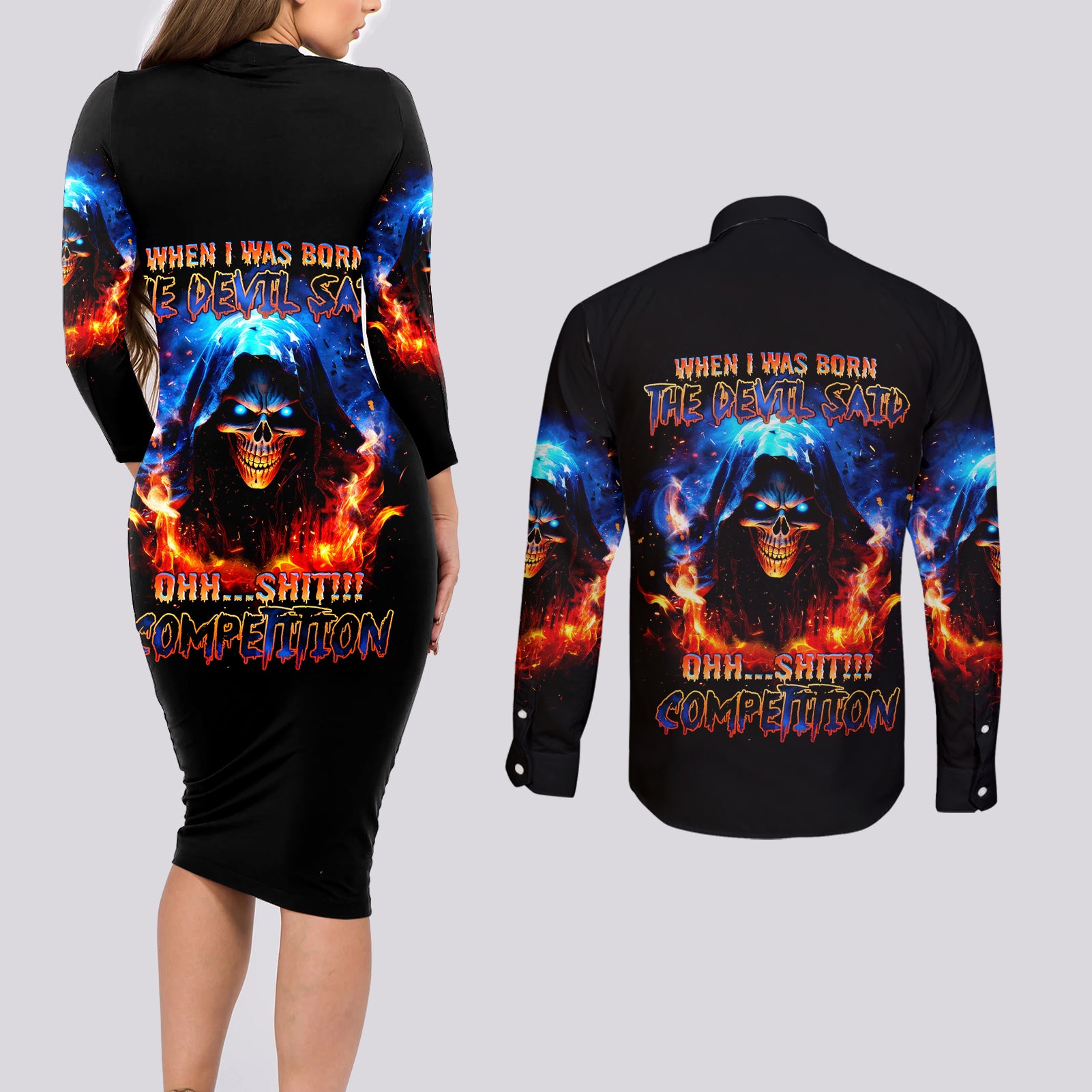Flame Skull Couples Matching Long Sleeve Bodycon Dress and Long Sleeve Button Shirt When I Was Born The Devil Said Competition - Wonder Print Shop