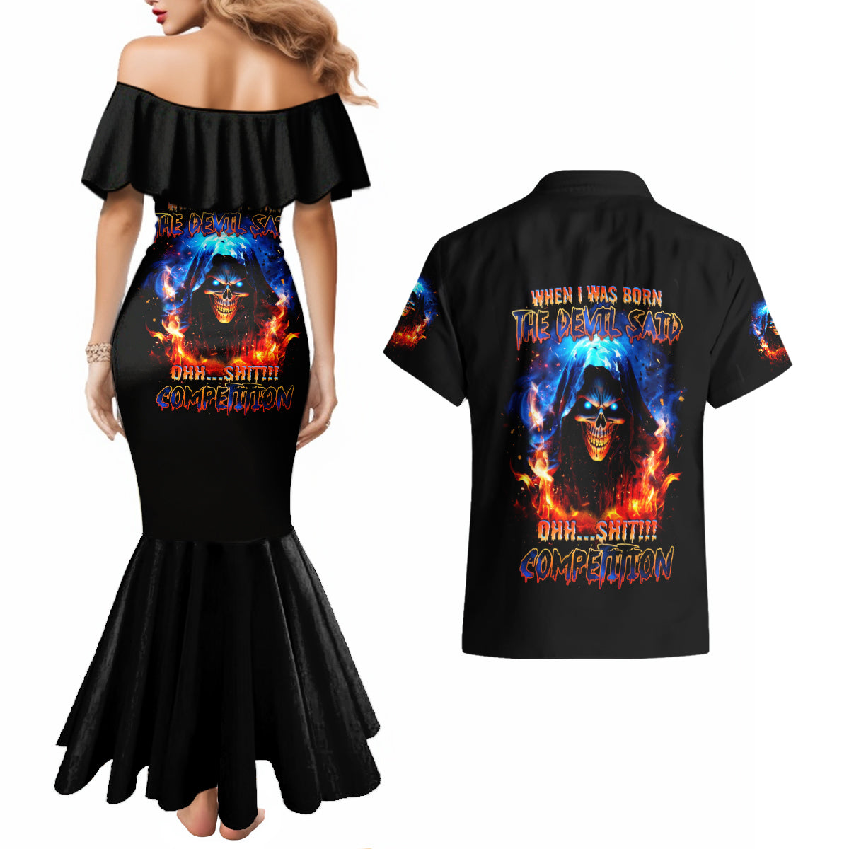 Flame Skull Couples Matching Mermaid Dress and Hawaiian Shirt When I Was Born The Devil Said Competition - Wonder Print Shop