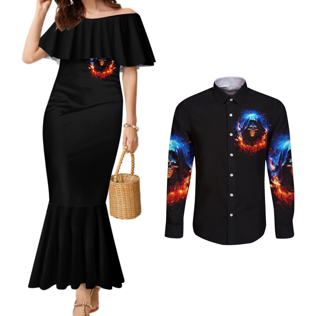 flame-skull-couples-matching-mermaid-dress-and-long-sleeve-button-shirt-when-i-was-born-the-devil-said-competition
