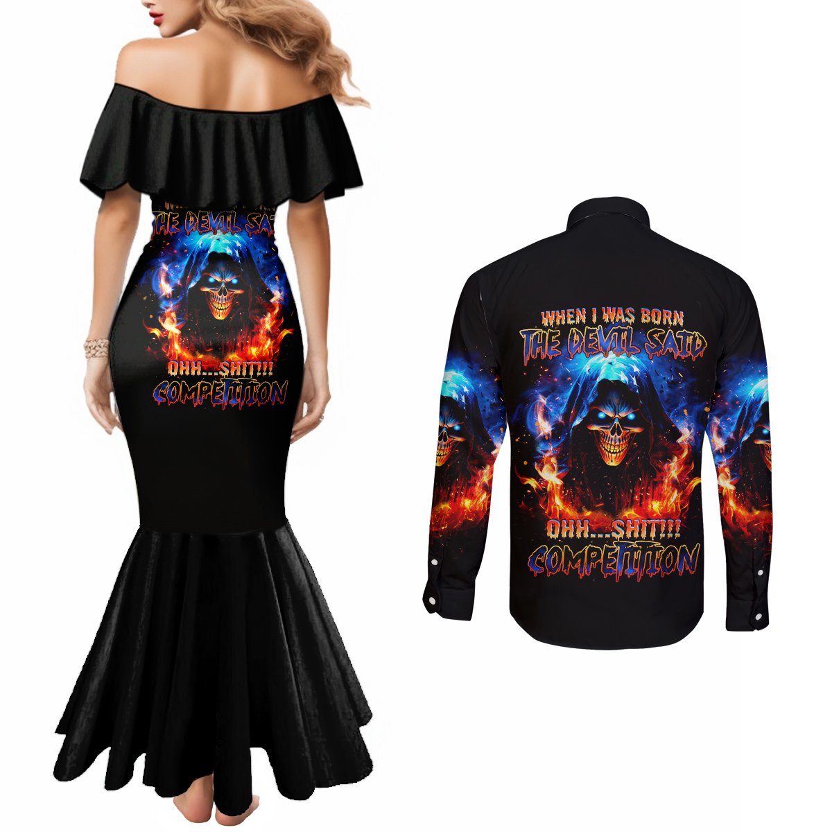 flame-skull-couples-matching-mermaid-dress-and-long-sleeve-button-shirt-when-i-was-born-the-devil-said-competition