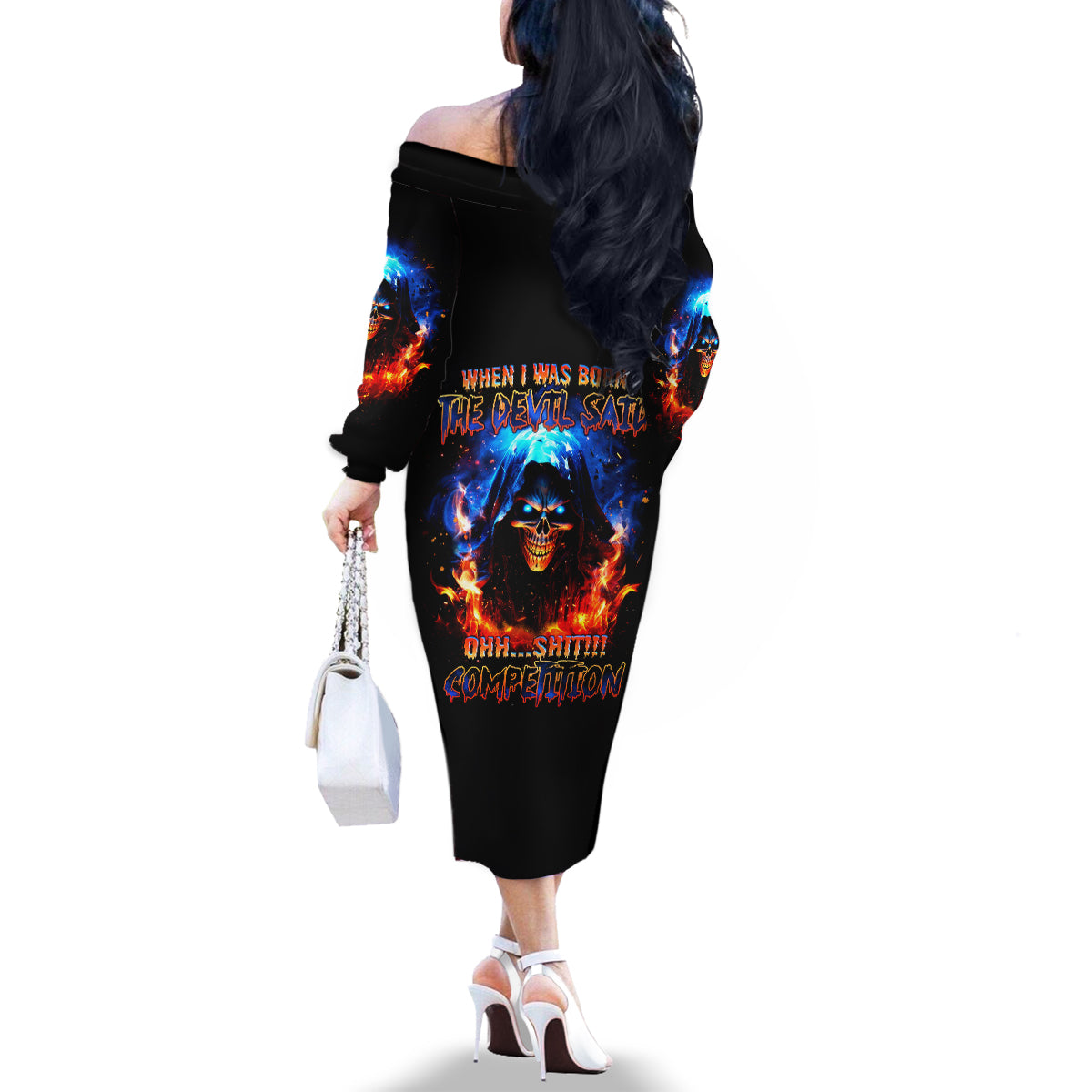 Flame Skull Family Matching Off Shoulder Long Sleeve Dress and Hawaiian Shirt When I Was Born The Devil Said Competition - Wonder Print Shop