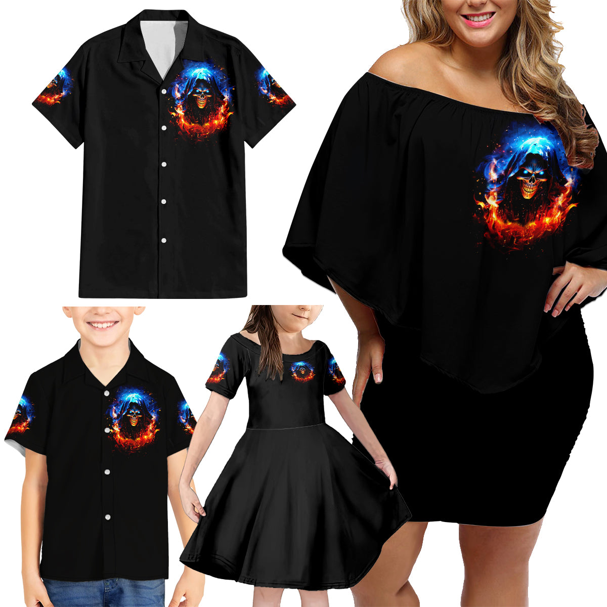 Flame Skull Family Matching Off Shoulder Short Dress and Hawaiian Shirt When I Was Born The Devil Said Competition - Wonder Print Shop