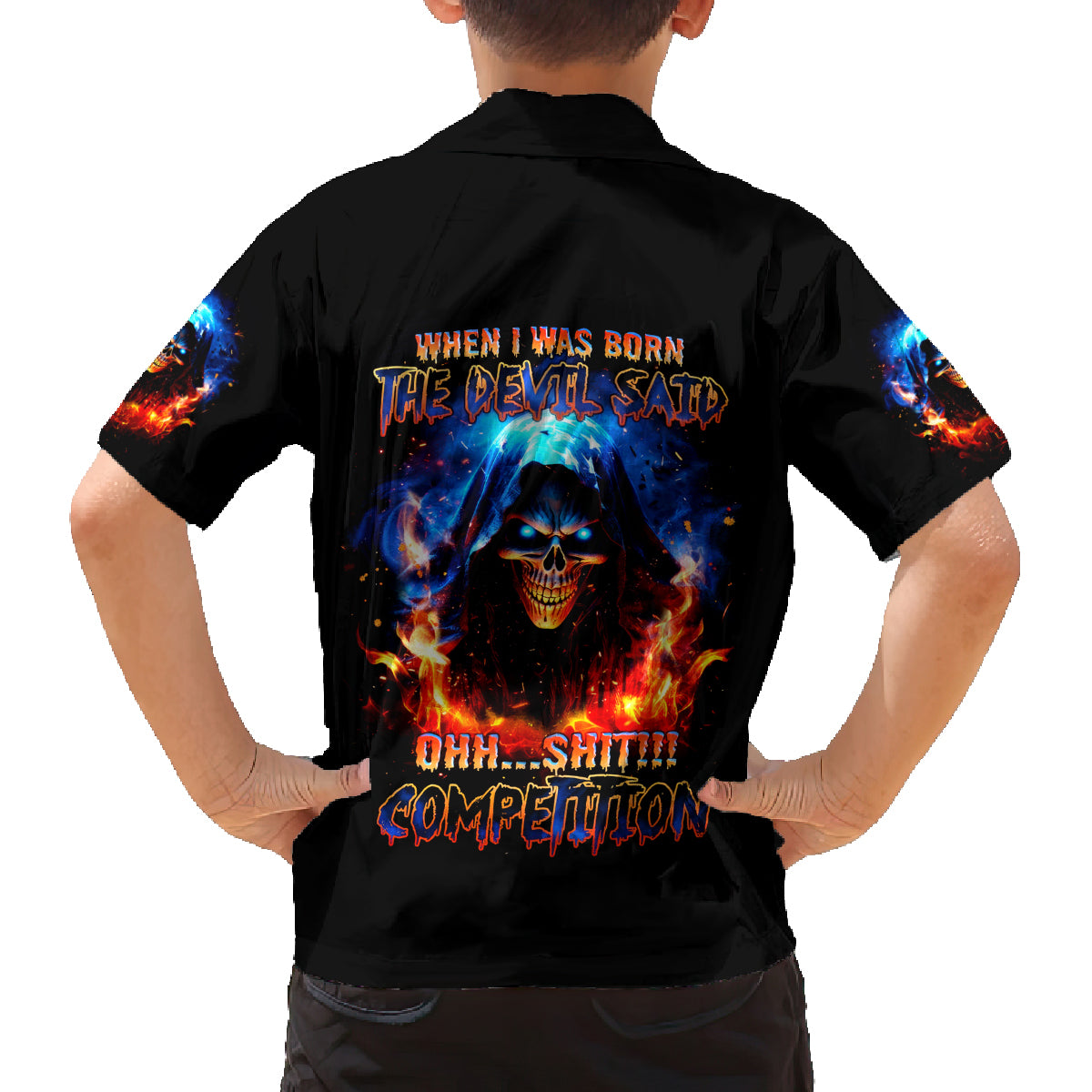 Flame Skull Family Matching Puletasi Dress and Hawaiian Shirt When I Was Born The Devil Said Competition - Wonder Print Shop